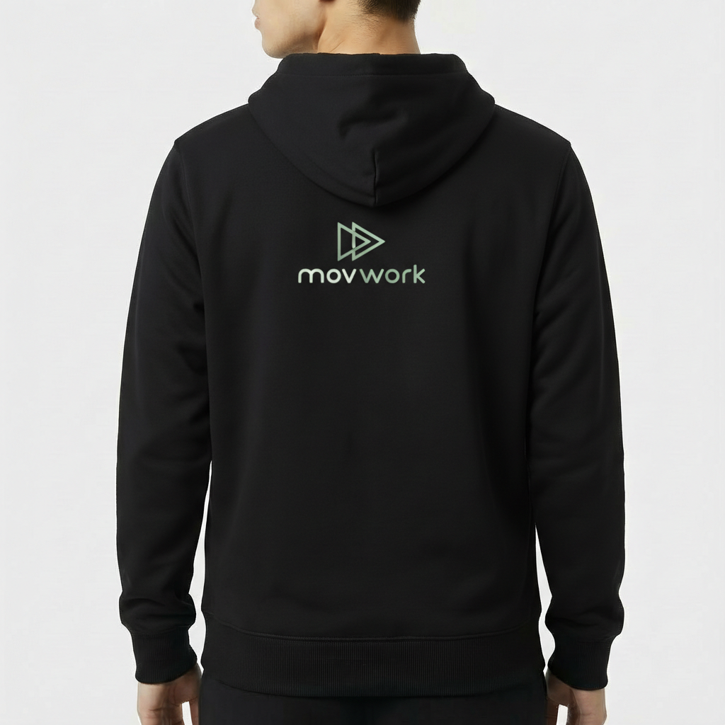 Moletom com estampa frontal de logotipo com nome "movwork" e seta dupla ao lado em retângulo, e estampa traseira idêntica à frontal.