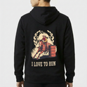 Moletom com estampa frontal de cavalo estilizado e plantas circundantes, e estampa traseira de cowboy em cavalo, contornado por louros, com barril e a frase "I LOVE TO RUN".