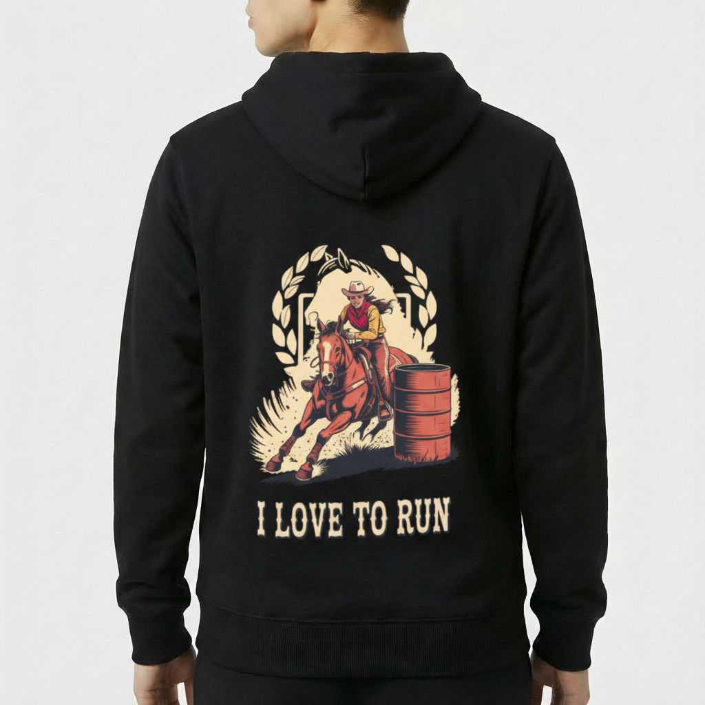 Moletom com estampa frontal de cavalo estilizado e plantas circundantes, e estampa traseira de cowboy em cavalo, contornado por louros, com barril e a frase "I LOVE TO RUN".