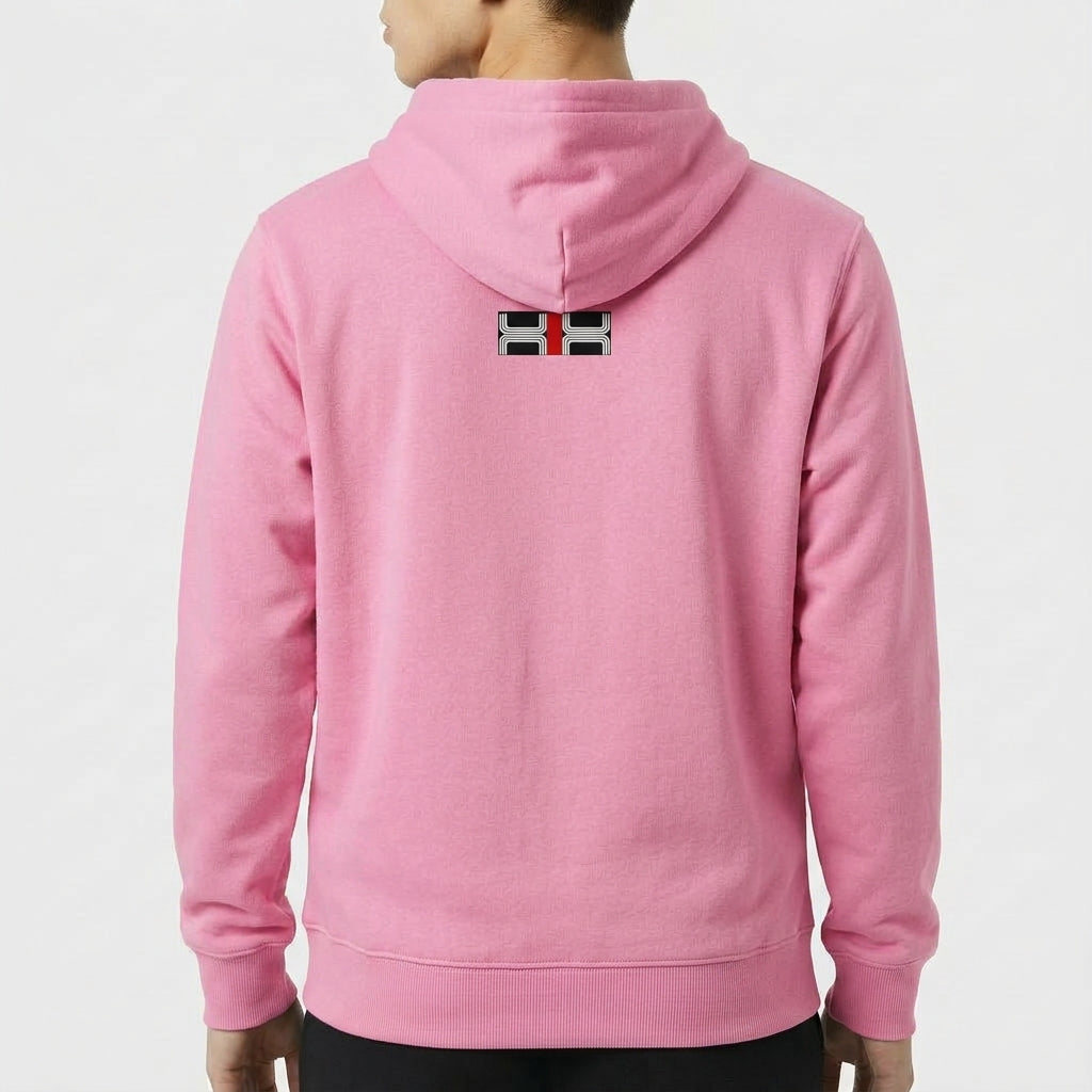 Moletom com estampa frontal de motivo geométrico com linhas curvas, inscrição "Kuarup Xingú" em destaque, e estampa traseira menor de design similar.