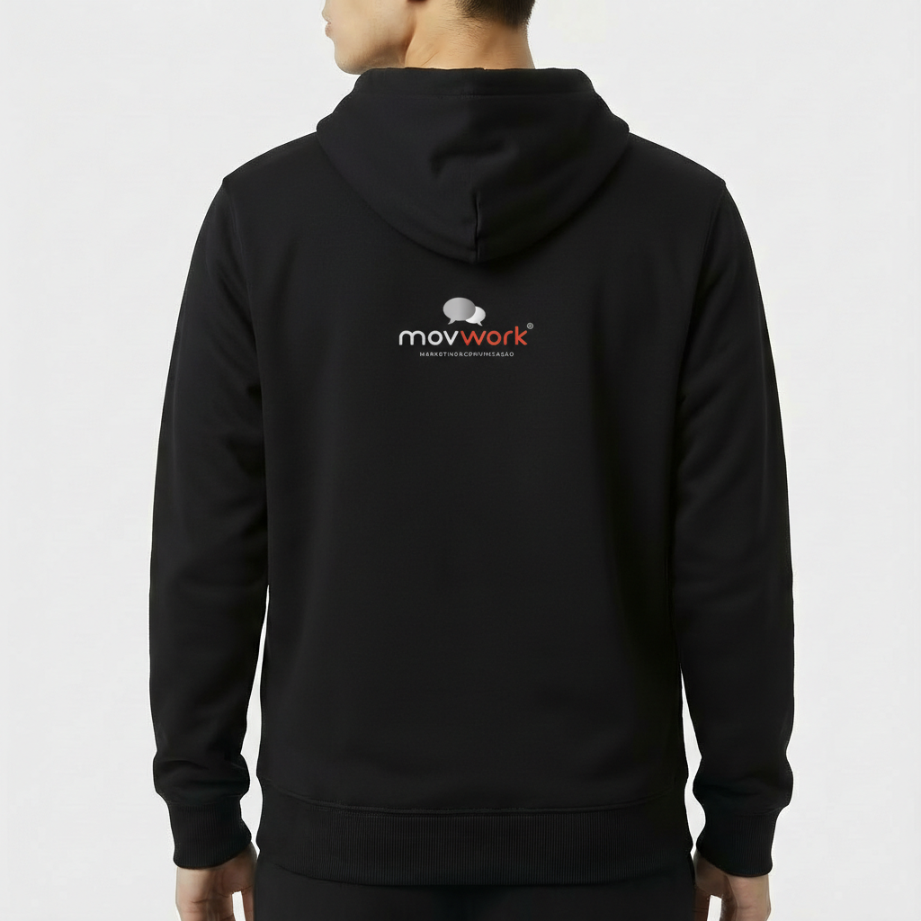 Moletom com estampa frontal de logotipo centralizado e texto cursivo, e estampa traseira idêntica, com ícone estilizado e fonte moderna.