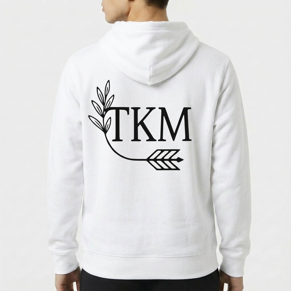 Moletom com estampa frontal de texto estilizado "GRK" com um arco e flecha e estampa traseira de "TKM" acompanhada de um ramo de folhas e flecha.