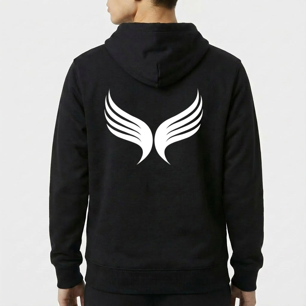 Moletom com estampa frontal de texto "I SURRENDER" e estampa traseira de asas estilizadas com linhas curvas e simétricas projetadas para cima.