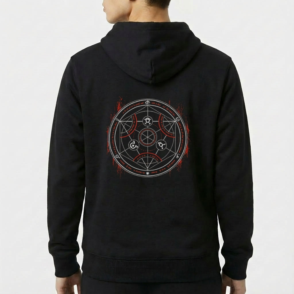 Moletom com estampa frontal de personagem estilizado com inscrições verticais e detalhes luminosos e estampa traseira de círculo místico com símbolos complexos.