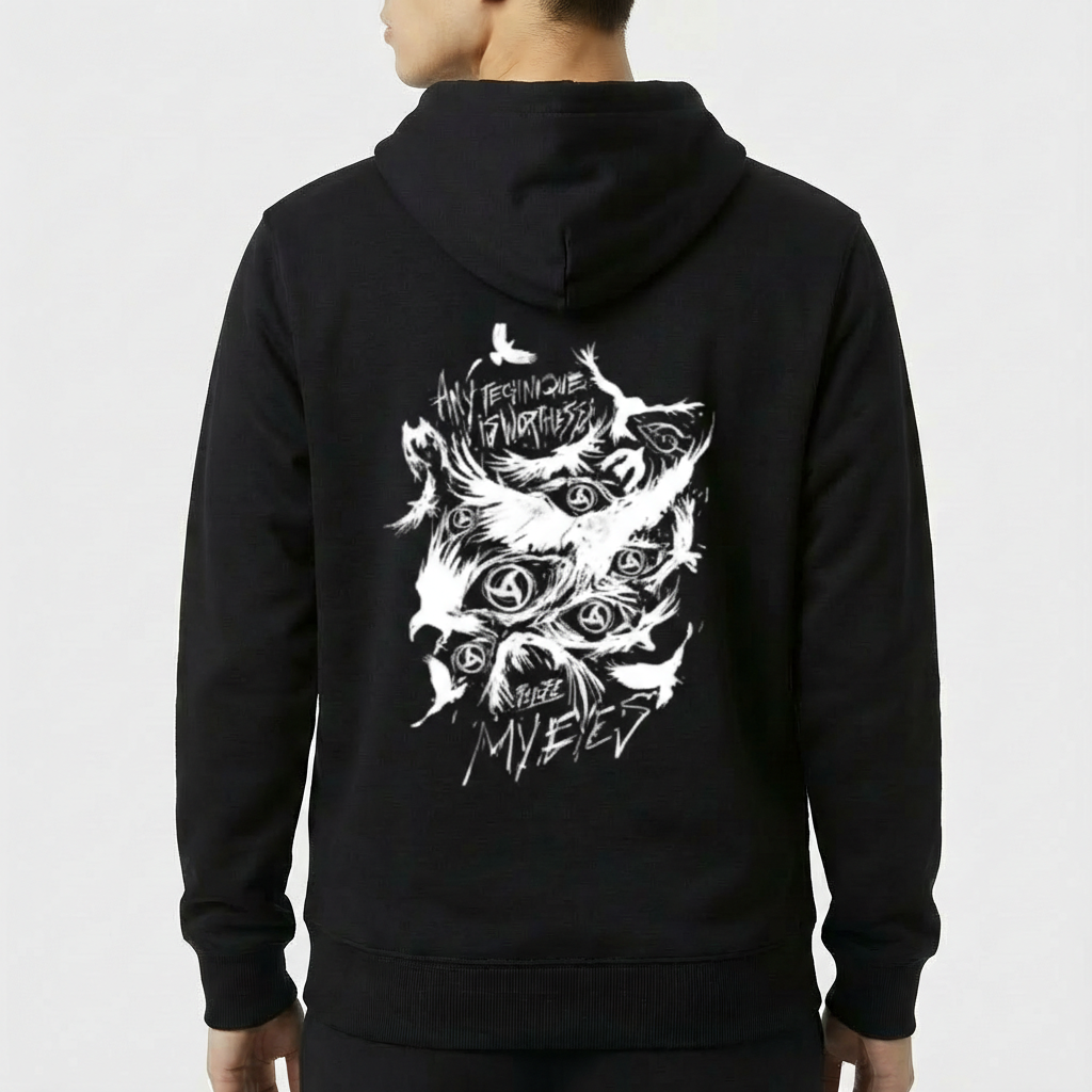 Moletom com estampa frontal de olho central com asas detalhadas e estampa traseira de olhos cercados por padrões abstratos e um texto estilizado.