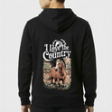 Moletom com estampa frontal de símbolo de cavalo emoldurado por louros e estampa traseira de cavalo realista com texto "I Love the Country".
