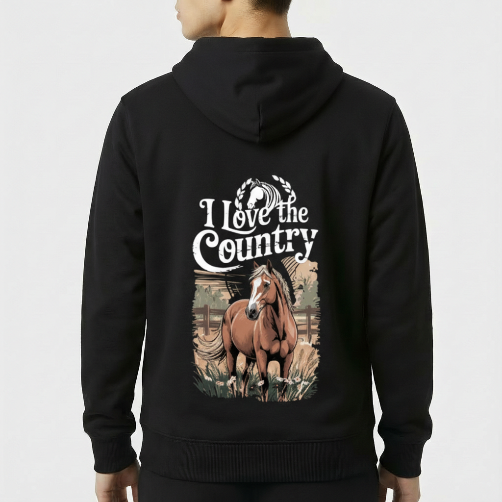 Moletom com estampa frontal de símbolo de cavalo emoldurado por louros e estampa traseira de cavalo realista com texto "I Love the Country".