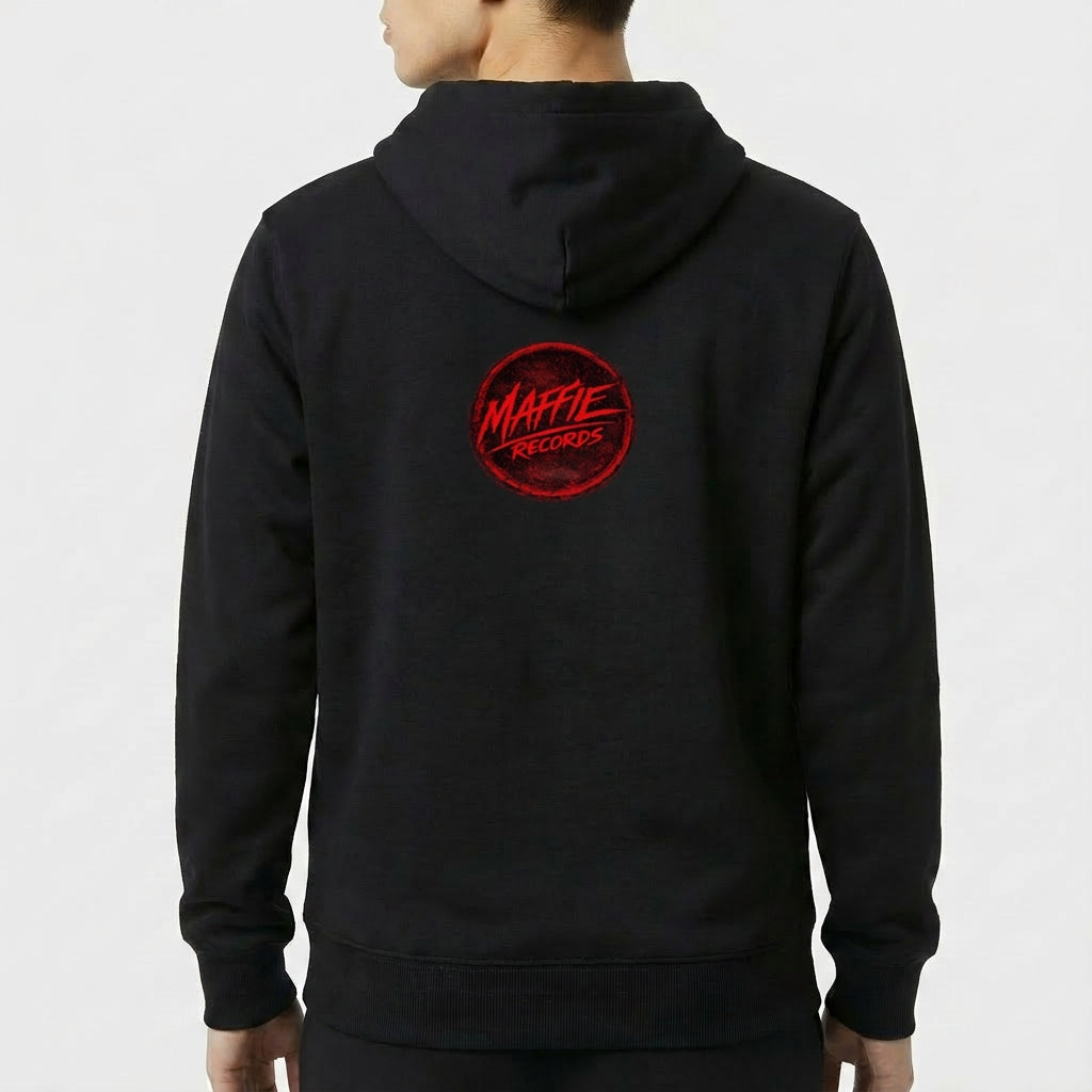 Moletom com estampa frontal de lettering estilizado de "presságio" e estampa traseira de círculo com texto "Maffie Records" em design marcante.
