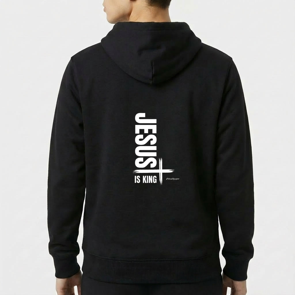 Moletom com estampa frontal de lettering estilizado "Verbo" e estampa traseira de texto vertical "Jesus is King" com um traço horizontal e cruz.