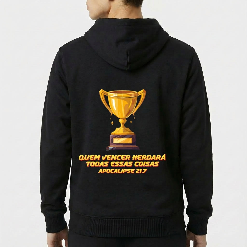 Moletom com estampa frontal de troféu dourado pequeno e estampa traseira de grande troféu dourado com texto em destaque abaixo da imagem.