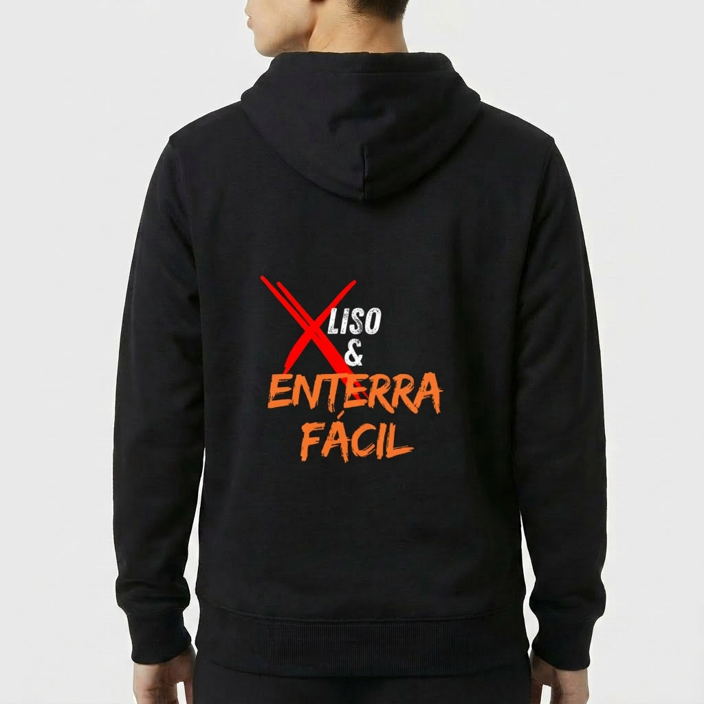 Moletom com estampa frontal de cesta de basquete e palavra "Basquete" e estampa traseira de texto estilizado "X Liso & Enterra Fácil".