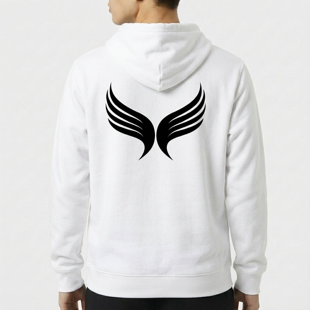 Moletom com estampa frontal de texto "I SURRENDER" em fonte negrito e estampa traseira de asas estilizadas simétricas com linhas curvas.