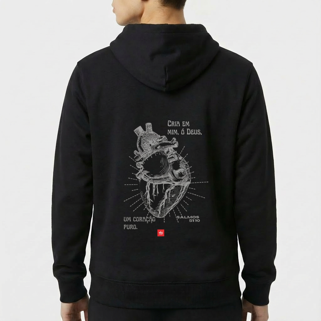 Moletom com estampa frontal de retângulo contendo texto estilizado e estampa traseira de coração anatômico detalhado acompanhado de frase inspiradora e referência.