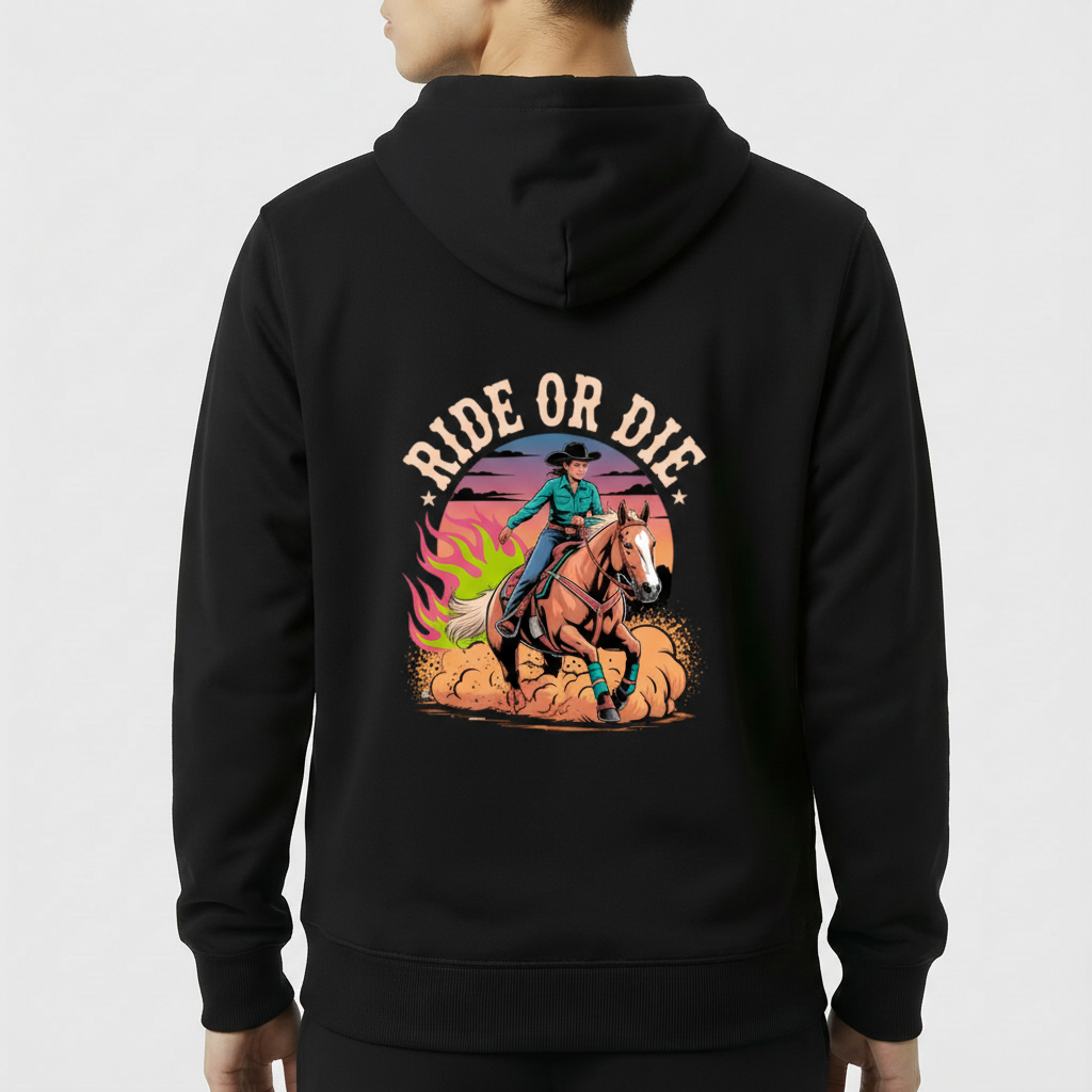 Moletom com estampa frontal de cavalo em um escudo cercado por ramos e estampa traseira de cowboy e cavalo em ação, com "RIDE OR DIE" em destaque.