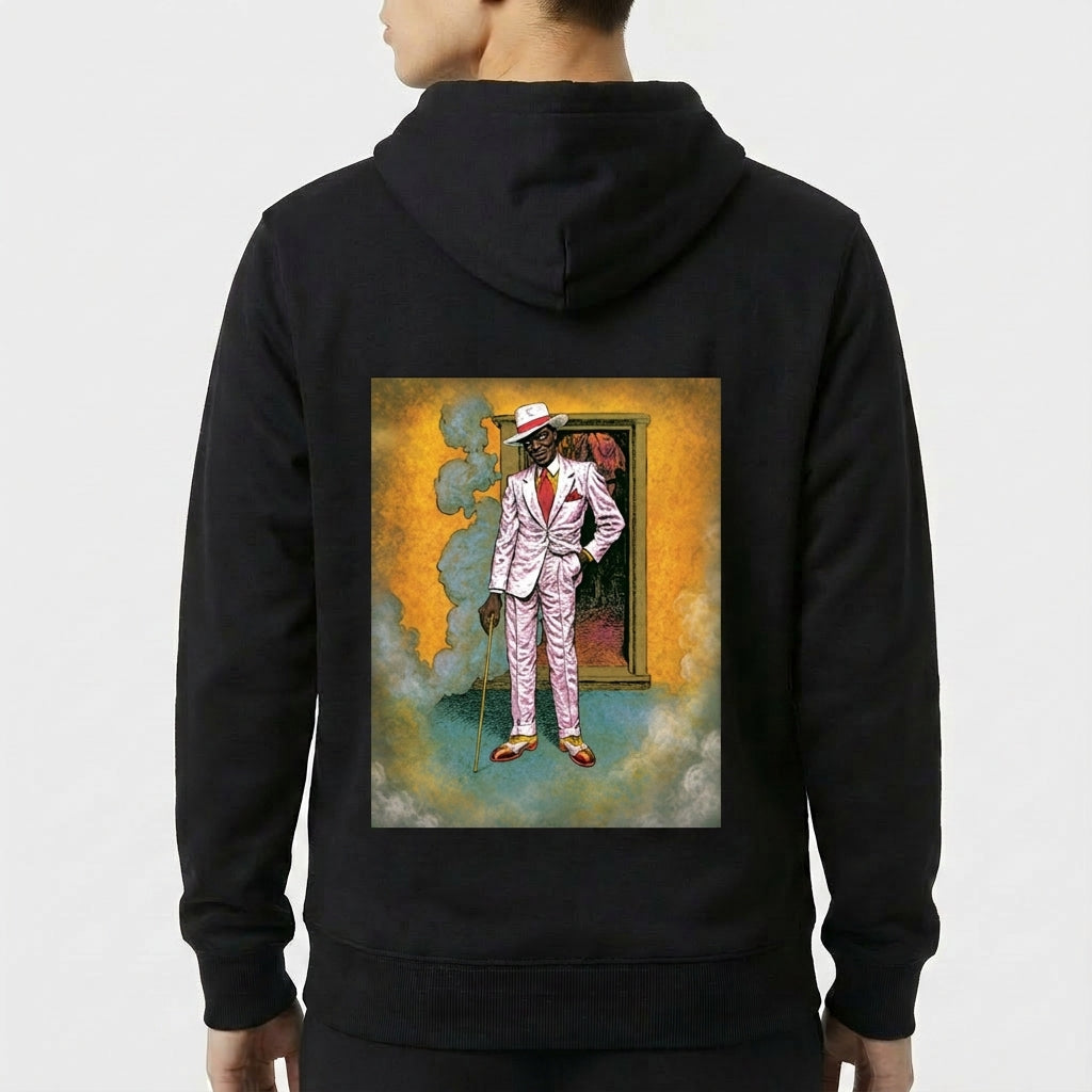 Moletom com estampa frontal de "Saravá" e detalhe de desenho, e estampa traseira de figura com terno rosa em frente a uma porta emoldurada por fumaça.