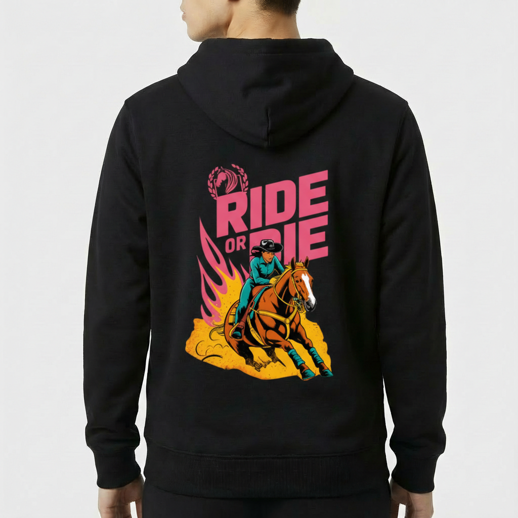 Moletom com estampa frontal de cavalo dentro de folhas e estampa traseira de cavaleiro em ação com cavalo, chamas laranja e texto "RIDE OR DIE".