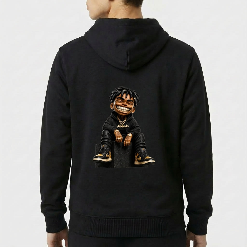 Moletom com estampa frontal de letras "AB" estilizadas com coroa e estampa traseira de personagem sorridente, vestido de preto, com cabelo trançado.
