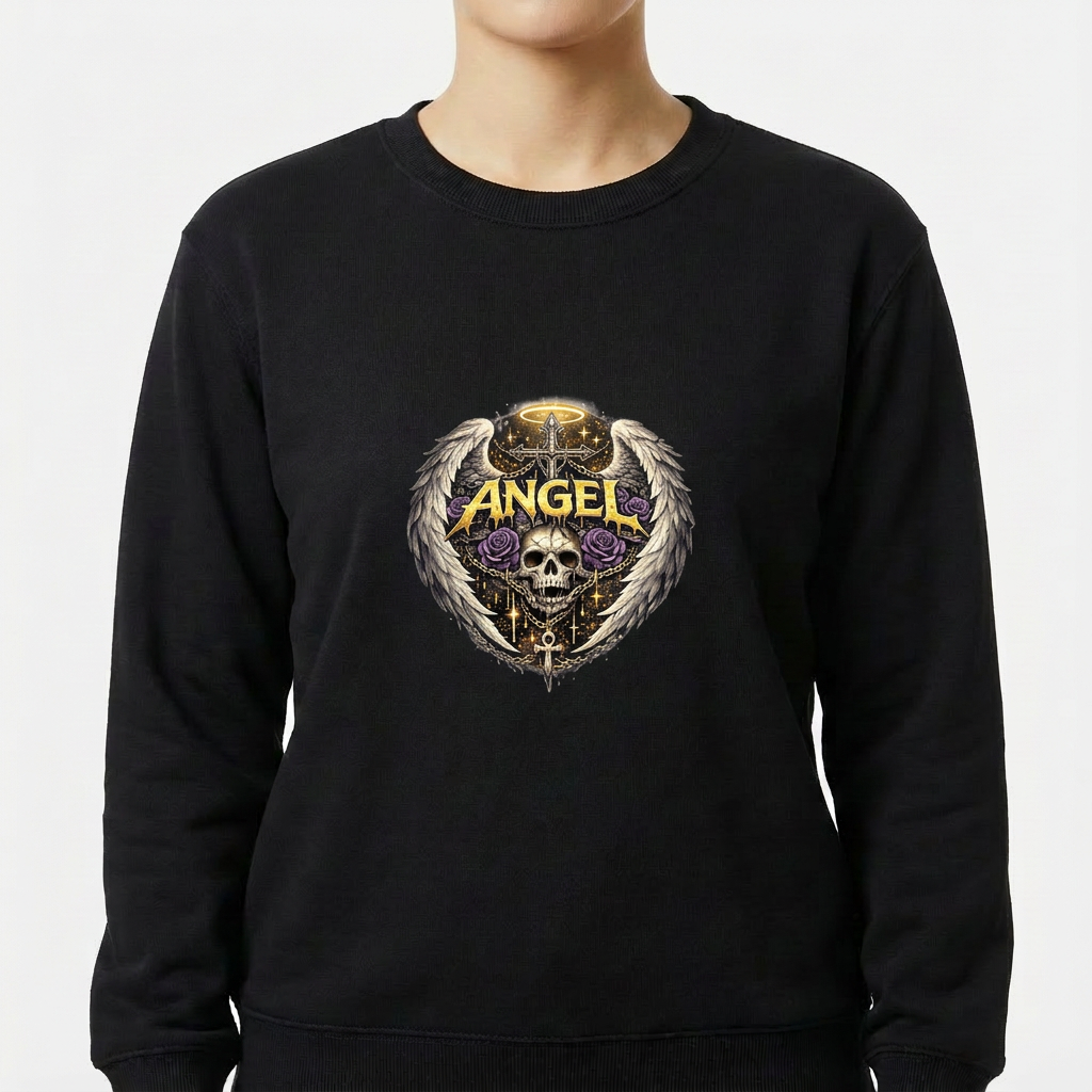 Moletom com estampa frontal de caveira rodeada por asas detalhadas, rosas e cruz, sob um halo dourado e a palavra "ANGEL" em destaque.