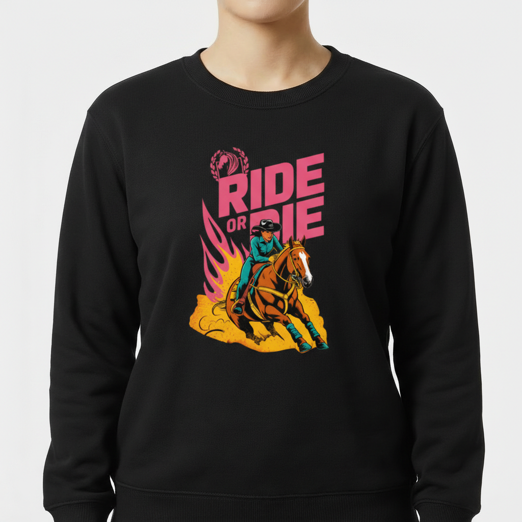 Moletom com estampa frontal de cavaleiro montando cavalo em alta velocidade, cercado por chamas estilizadas e slogan "Ride or Die" em destaque.