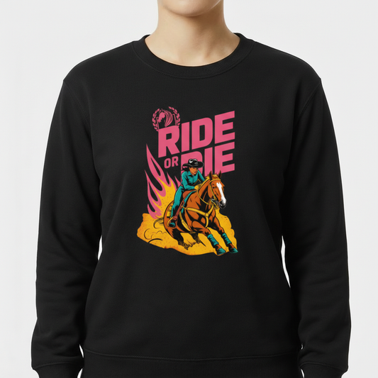 Moletom com estampa frontal de cavaleiro montando cavalo em alta velocidade, cercado por chamas estilizadas e slogan "Ride or Die" em destaque.