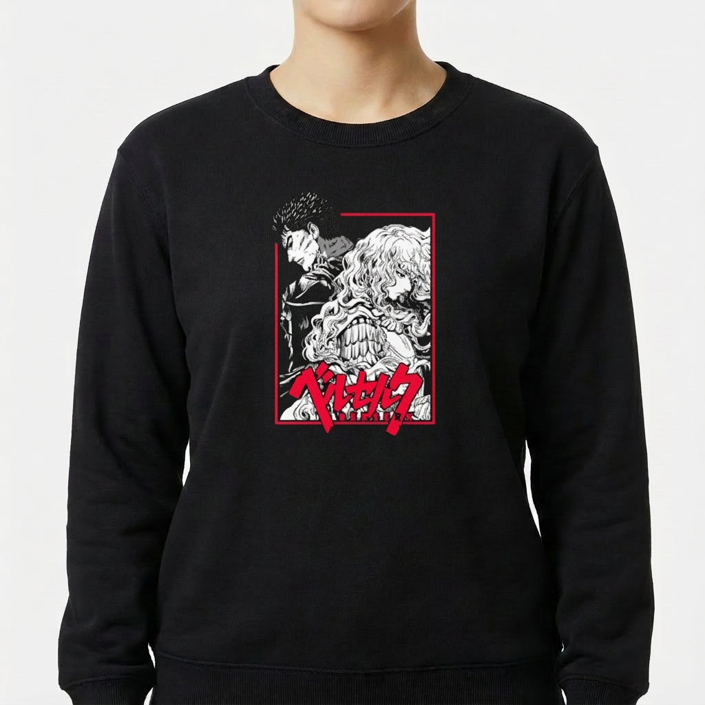 Moletom com estampa frontal de dois personagens detalhados em estilo mangá, um de perfil e outro com expressão feroz, além de texto estilizado abaixo.