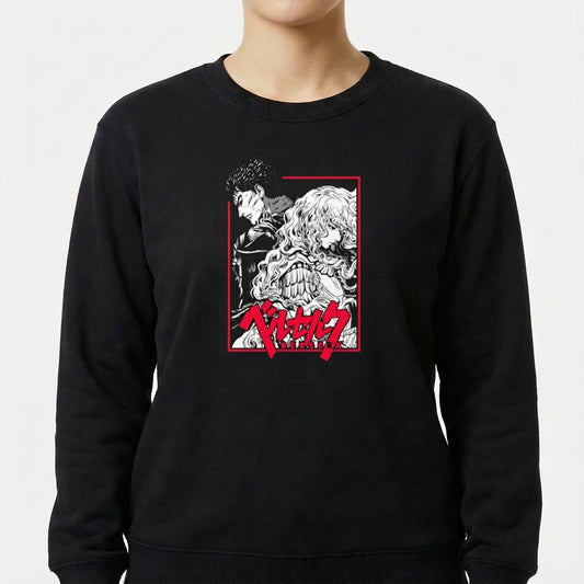 Moletom com estampa frontal de dois personagens detalhados em estilo mangá, um de perfil e outro com expressão feroz, além de texto estilizado abaixo.