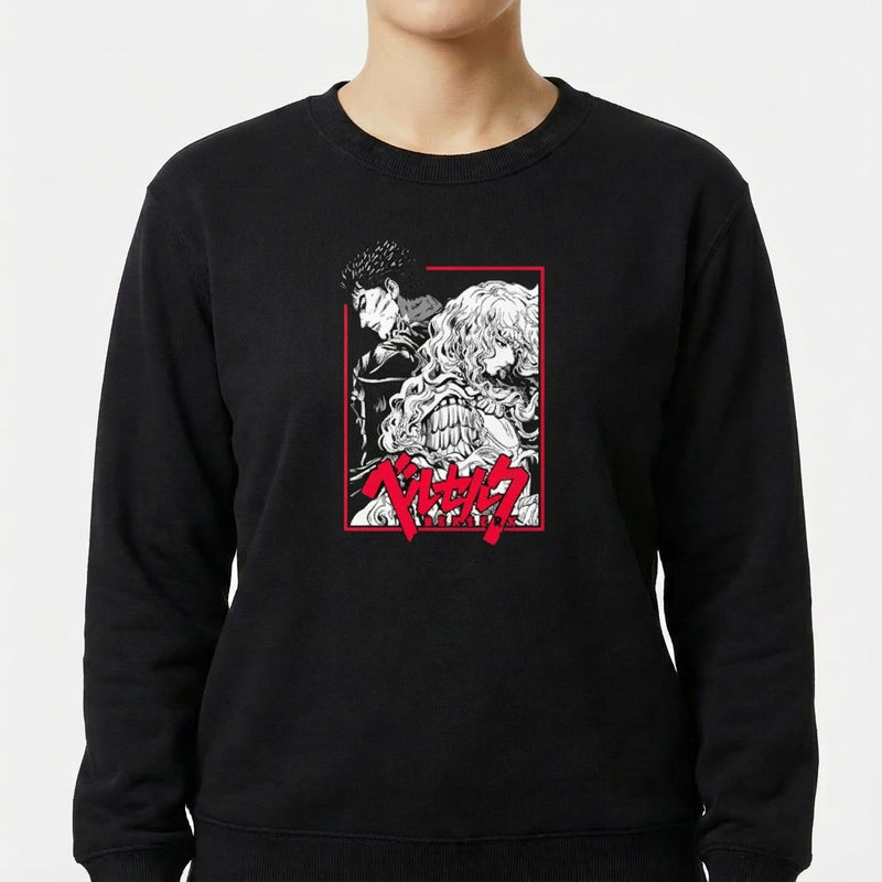 Moletom com estampa frontal de dois personagens detalhados em estilo mangá, um de perfil e outro com expressão feroz, além de texto estilizado abaixo.