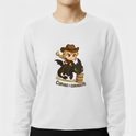 Moletom com estampa frontal de personagem em estilo chibi montado em um dragão, ambos ao lado de um barril, com a frase "Curvas e Coragem".