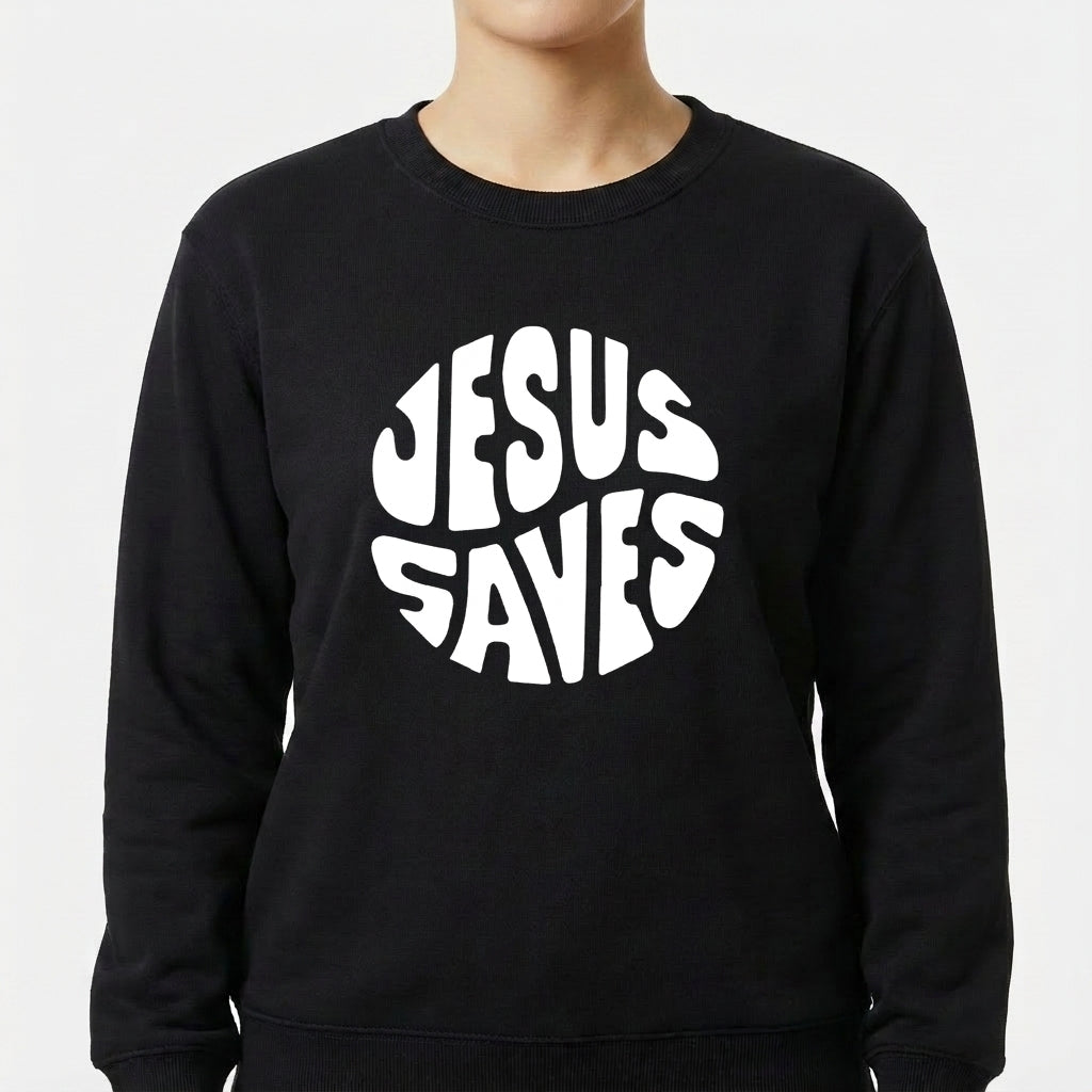Moletom com estampa frontal de "Jesus Saves" em letras estilizadas formando um círculo.