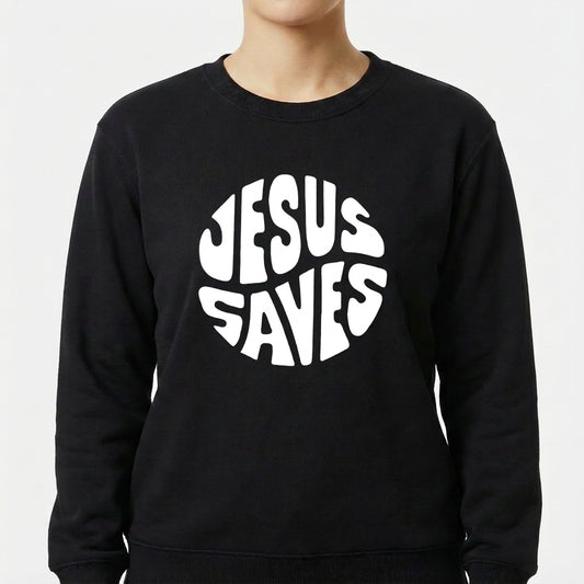 Moletom com estampa frontal de "Jesus Saves" em letras estilizadas formando um círculo.