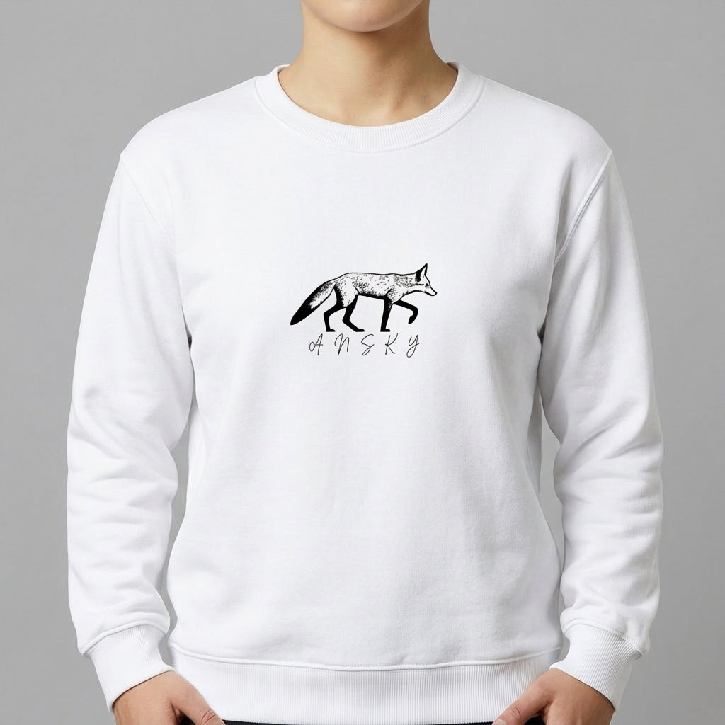 Moletom com estampa frontal de raposa em estilo traçado detalhado e nome "ANSKY" em fonte cursiva abaixo da imagem, criando um efeito artístico.