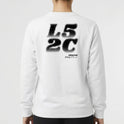 Moletom com estampa frontal de "LS2C" em fonte estilizada e estampa traseira de "LS2C" ampliada com elementos pixelados e texto adicional pequeno.