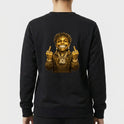 Moletom com estampa frontal de assinatura estilizada e coroa acima, e estampa traseira de personagem sorridente coberto de glitter dourado, usando colares.
