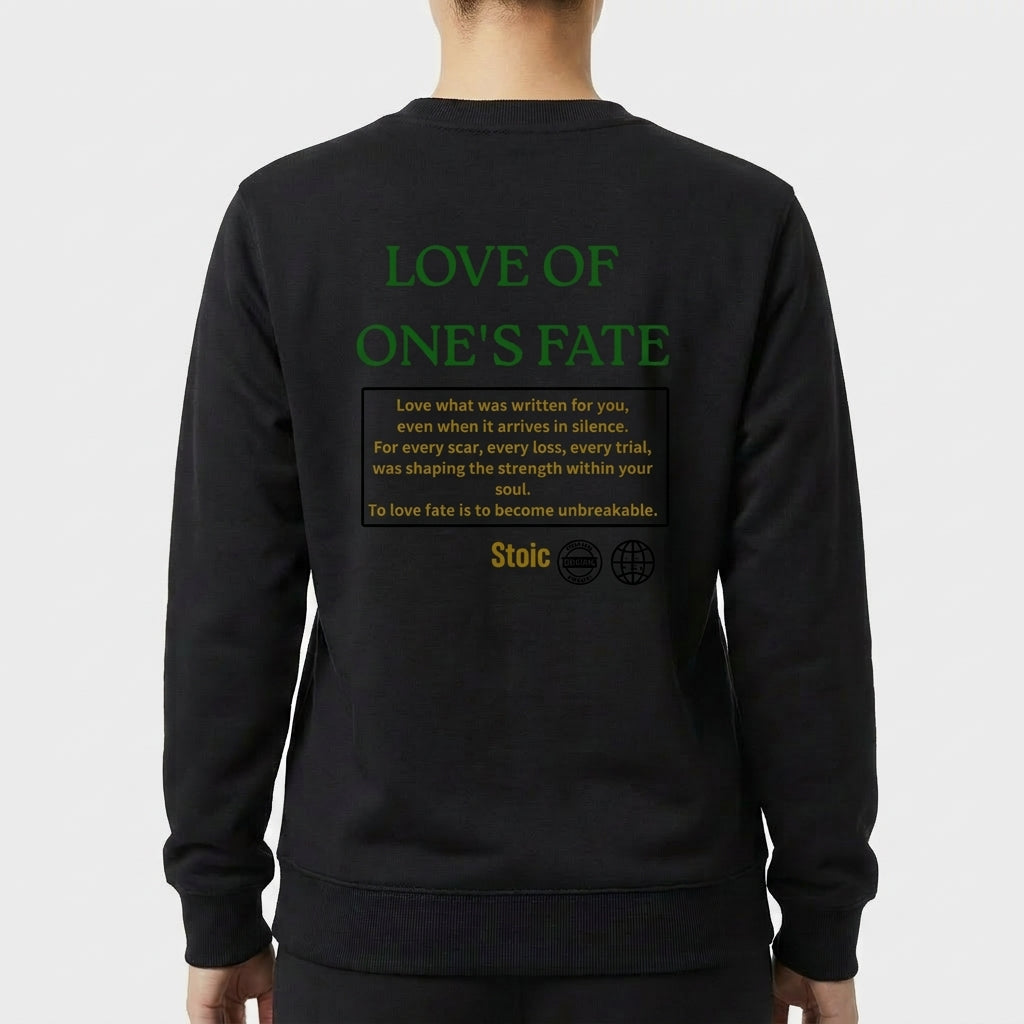 Moletom com estampa traseira de palavras "LOVE OF ONE'S FATE" em destaque, acompanhadas por um texto refletindo sobre aceitação e força interior.