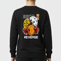 Moletom com estampa frontal de olhos em expressão intensa e caracteres abaixo, e estampa traseira de caveira com capacetes, flores e texto "REVENGE".