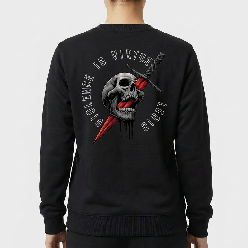 Moletom com estampa frontal de "Violence is Virtue Legio" em texto e estampa traseira de crânio perfurado por espada, texto circundante "Violence is Virtue Legio".