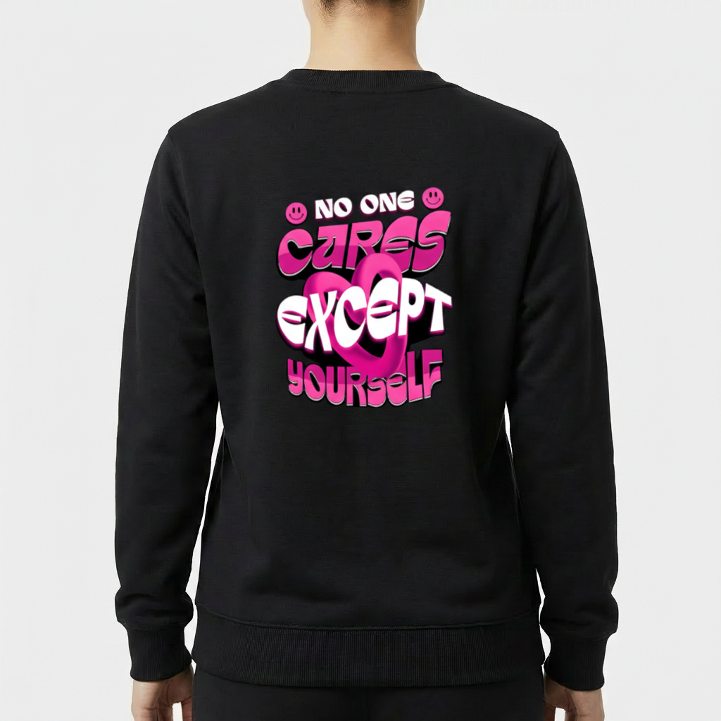 Moletom com estampa traseira de texto estilizado "No One Cares Except Yourself" adornado por símbolos de smiley, criando uma composição arrojada.