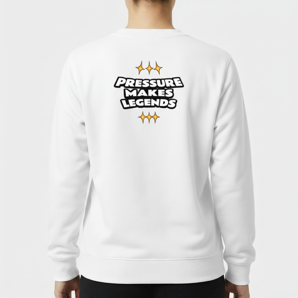 Moletom com estampa traseira de texto "PRESSURE MAKES LEGENDS" em estilo bold, cercado por quatro estrelas pontiagudas, duas acima e duas abaixo.