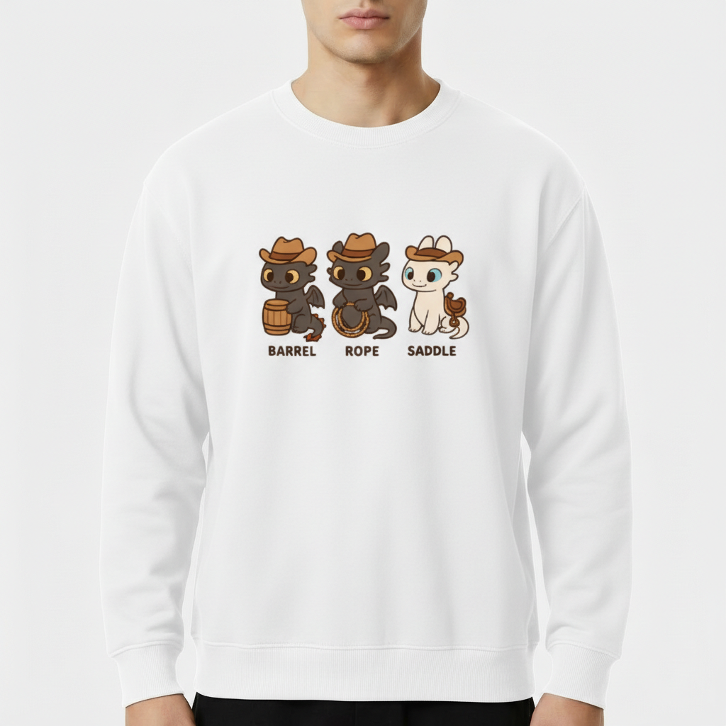 Moletom com estampa frontal de três gatos estilizados como cowboys, cada um segurando um item característico, com as palavras "BARREL", "ROPE" e "SADDLE".