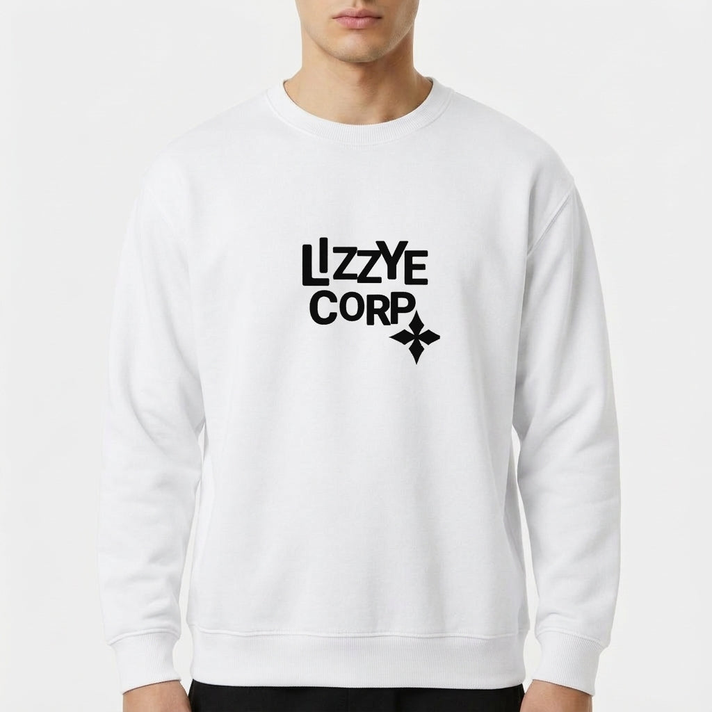 Moletom com estampa frontal de texto estilizado "LZZYE CORP" acompanhado de um símbolo geométrico, passando um visual moderno e minimalista.