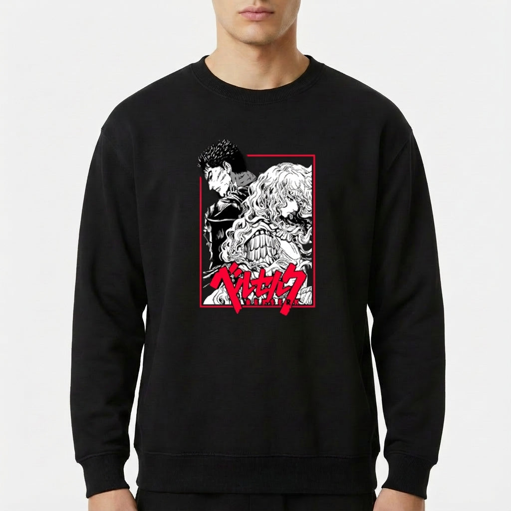 Moletom com estampa frontal de dois personagens detalhados em estilo mangá, um de perfil e outro com expressão feroz, além de texto estilizado abaixo.