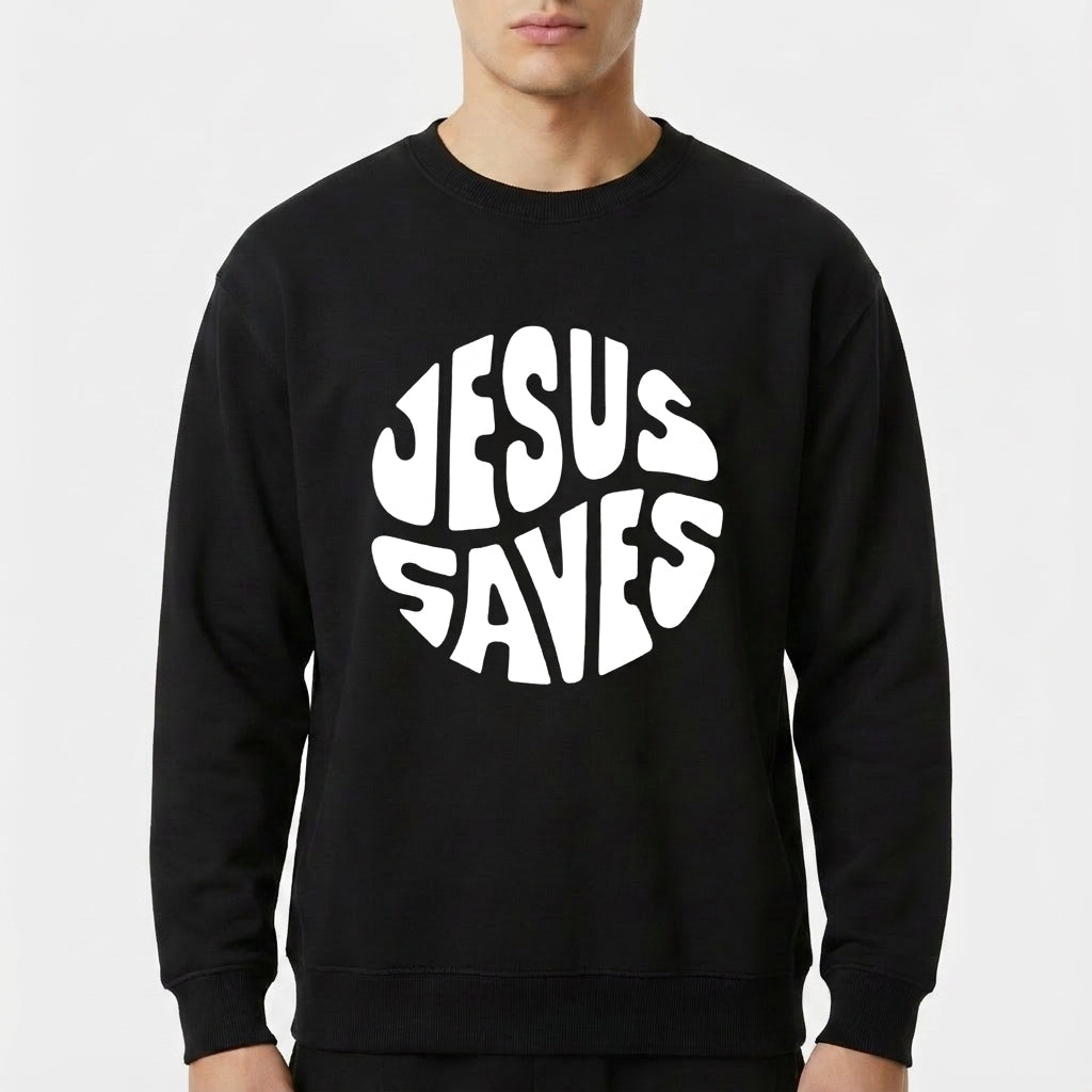 Moletom com estampa frontal de "Jesus Saves" em letras estilizadas formando um círculo.