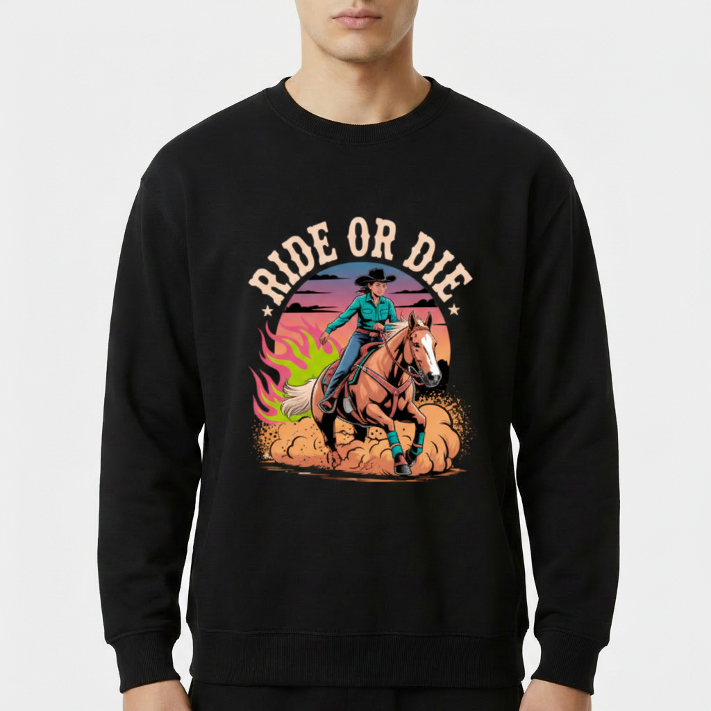 Moletom com estampa frontal de cavaleiro montando cavalo em pose dinâmica, cercado por nuvens de poeira e chamas, sob texto "RIDE OR DIE" com estrelas.