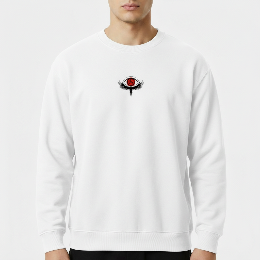 Moletom com estampa frontal de olho com asas em estilo dark e estampa traseira de ilustração abstrata com faces e olhos, acompanhada de texto artístico.