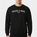 Moletom com estampa frontal de "Violence is Virtue Legio" em texto e estampa traseira de crânio perfurado por espada, texto circundante "Violence is Virtue Legio".
