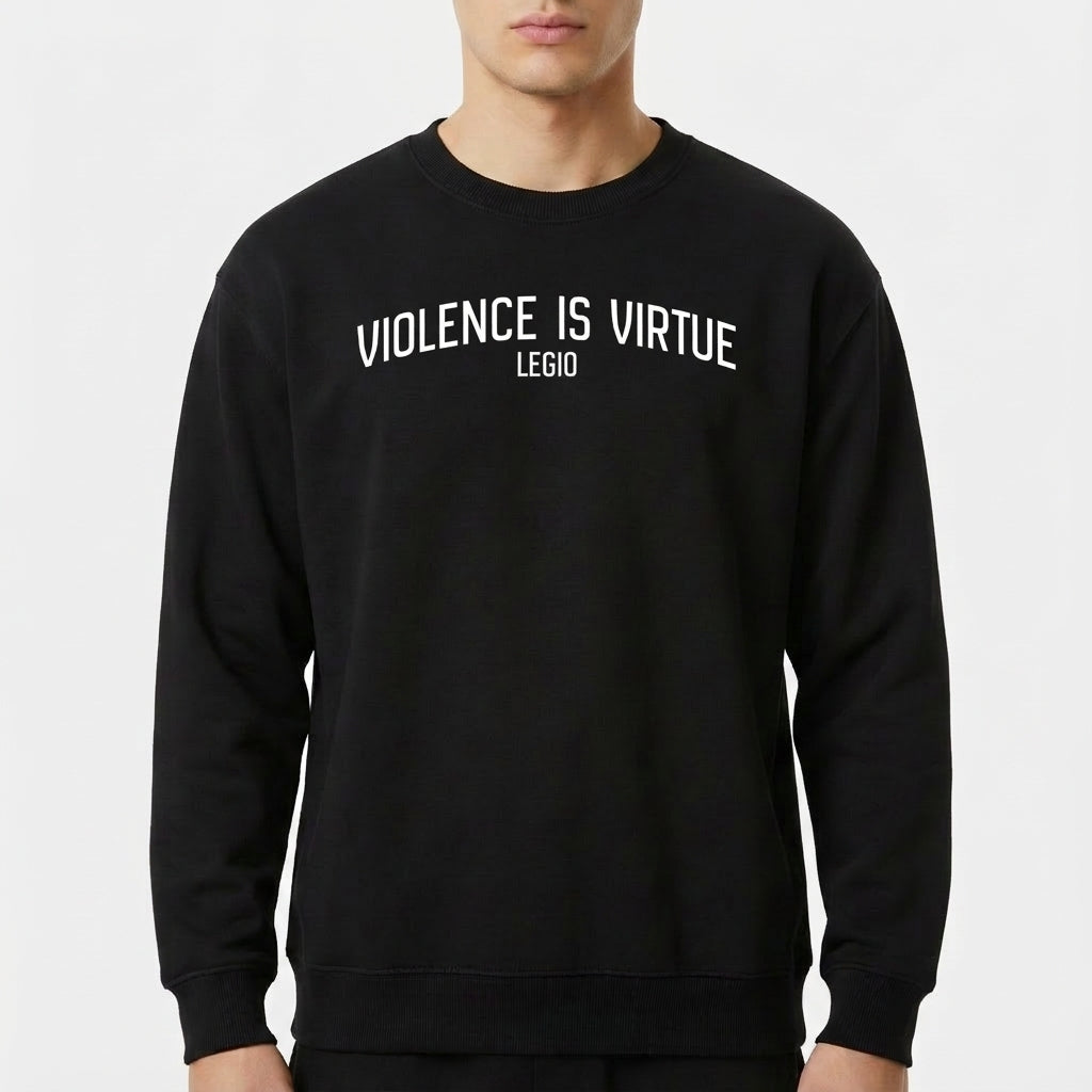 Moletom com estampa frontal de "Violence is Virtue Legio" em texto e estampa traseira de crânio perfurado por espada, texto circundante "Violence is Virtue Legio".