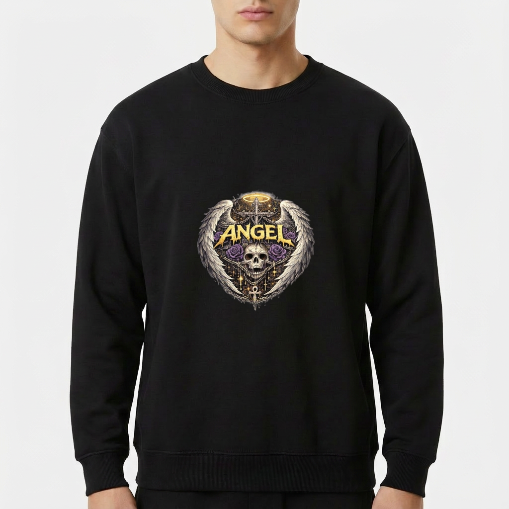 Moletom com estampa frontal de caveira rodeada por asas detalhadas, rosas e cruz, sob um halo dourado e a palavra "ANGEL" em destaque.