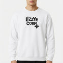 Moletom com estampa frontal de texto estilizado "LZZYE CORP" acompanhado de um pequeno símbolo geométrico com quatro pontas logo abaixo do texto.