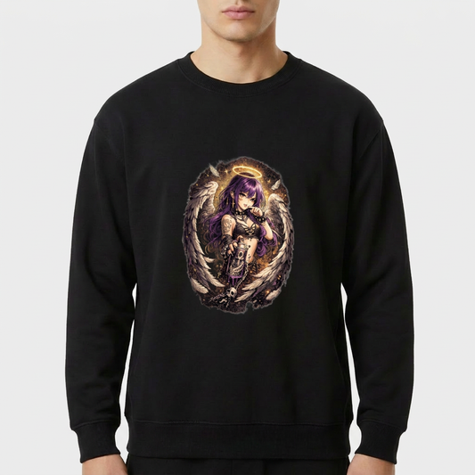 Moletom com estampa frontal de uma figura feminina angelical, com asas detalhadas, cabelos longos, auréola radiante e elementos sombrios ao redor.