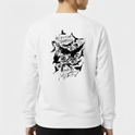 Moletom com estampa frontal de olho com asas em estilo dark e estampa traseira de ilustração abstrata com faces e olhos, acompanhada de texto artístico.
